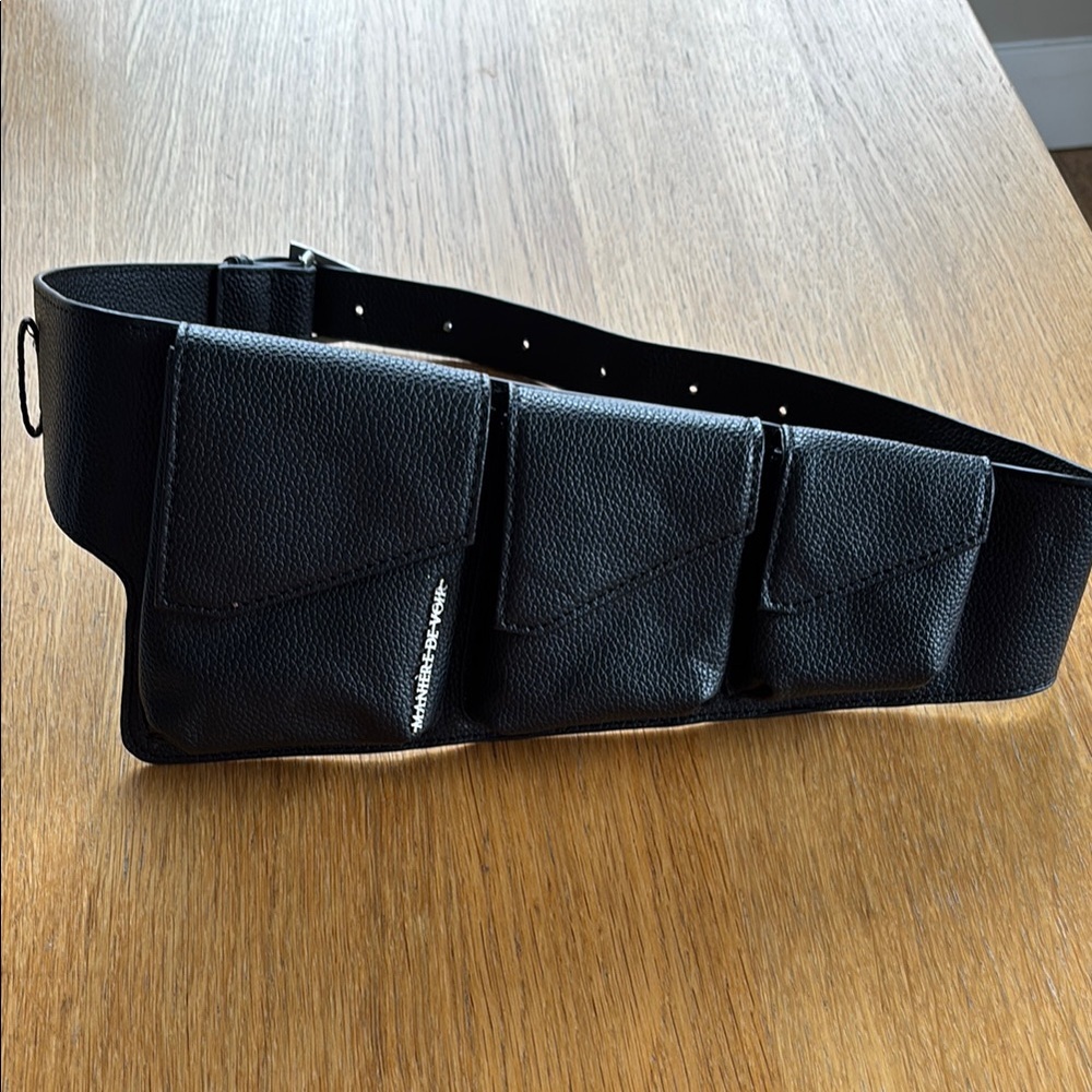 Black Leather Triple-Pouch Waist Belt Bag